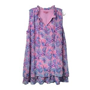 Simply Southern Ruffle Neck Tunic Top Womens Size M‎ Tropical Pink/Purple/Blue
